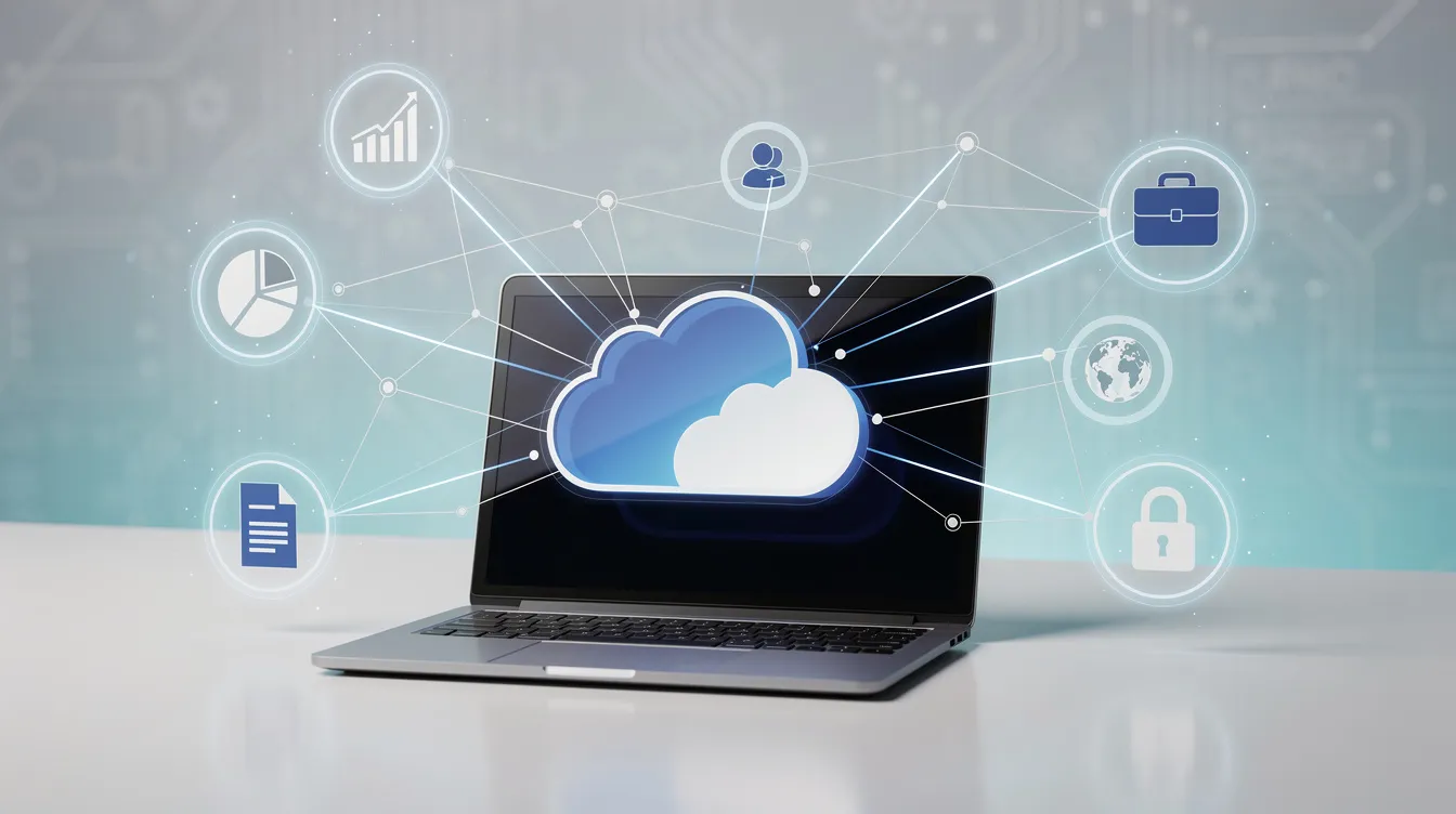 En modern bild av konceptet molnberäkning, där affärssymboler svävar ovanför en laptop. Denna illustration visar hur ett ERP-system kan integreras för att effektivisera affärsprocesser och ge företag insikter genom Microsoft 365-lösningar.