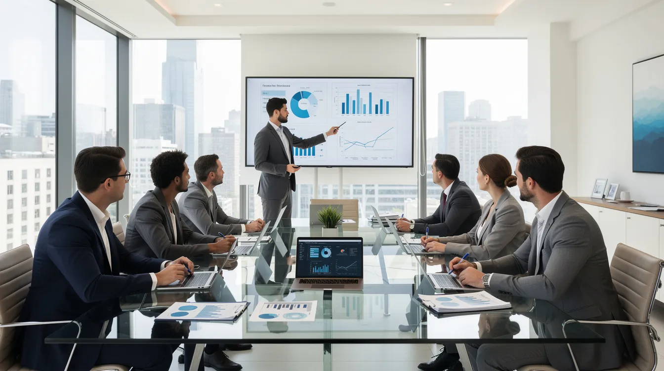 En grupp affärsproffs sitter runt ett modernt konferensbord i ett kontor och diskuterar strategiska frågor. De använder verktyg som Microsoft 365 för att effektivisera affärsprocesser och hantera data genom ett ERP-system, vilket hjälper dem att få insikter och fatta informerade beslut.