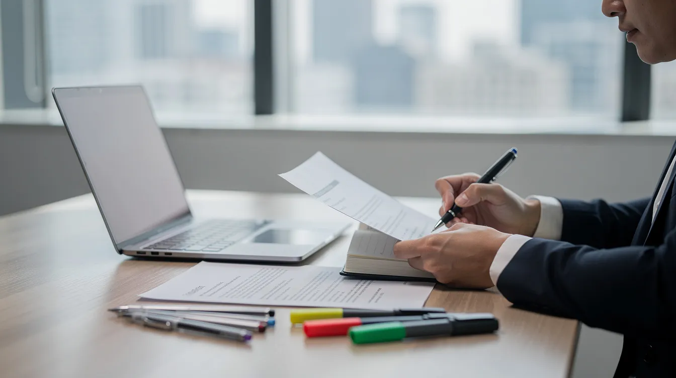 En professionell person sitter vid ett skrivbord med en bärbar dator, granskar dokument och gör anteckningar. Denna miljö återspeglar en arbetsprocess där affärssystem och ERP-lösningar kan hjälpa företag att effektivisera sina verksamheter och förbättra insikterna genom datahantering.