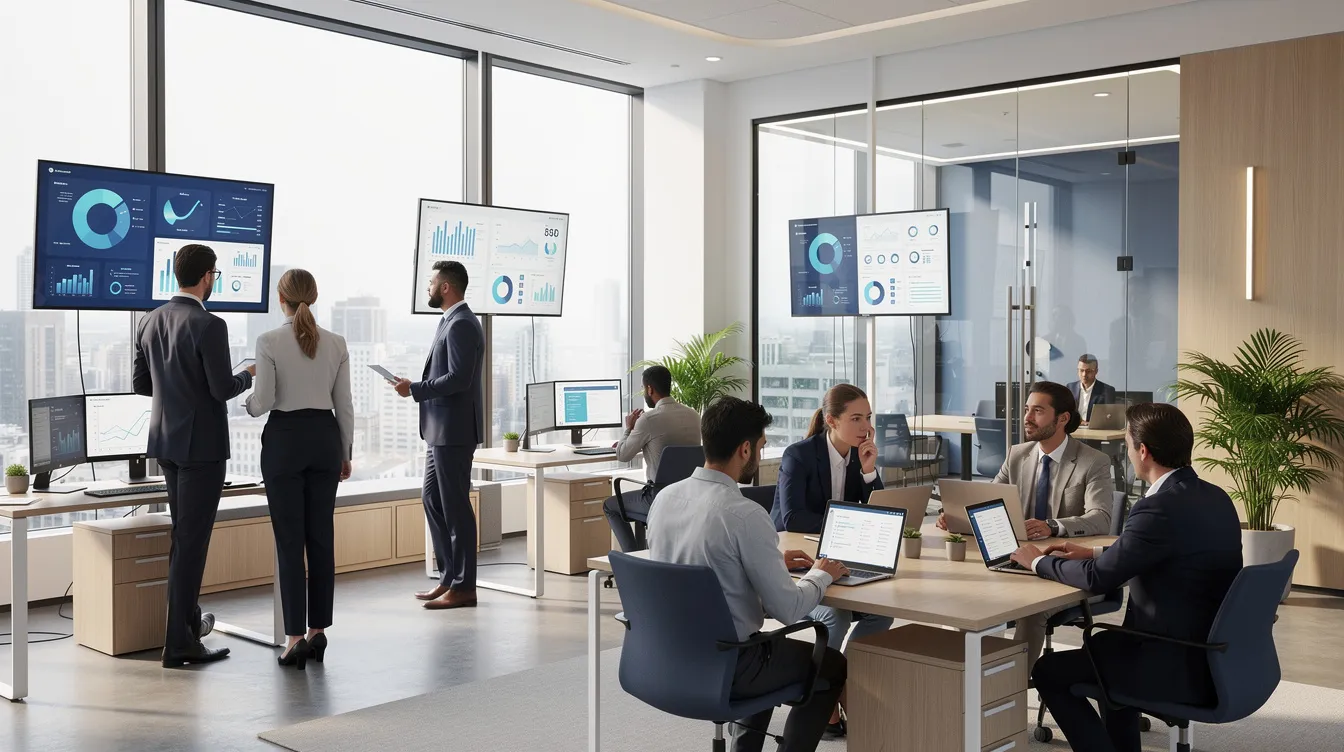 En modern kontorsmiljö i en bank där medarbetare samarbetar kring digitala skärmar, vilket visar hur Microsoft Dynamics 365 och andra ERP-system används för att hantera affärsprocesser och förbättra verksamheten. Det finns en känsla av samarbete och effektivitet i rummet, vilket speglar företagets fokus på att erbjuda anpassade lösningar för medelstora företag.