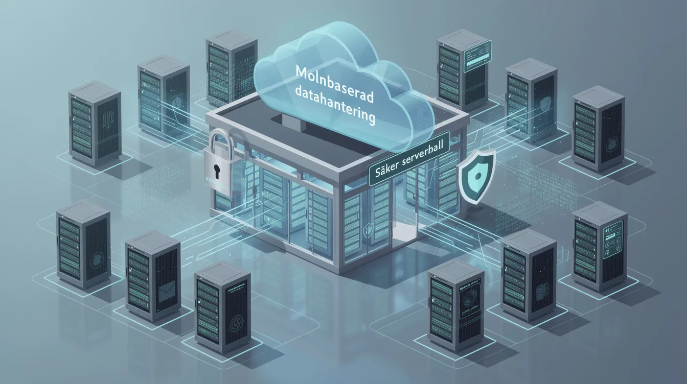 Bildens alt-text beskriver en visualisering av molnbaserad datahantering, med fokus på säkra serverhallar som stödjer företagets verksamhet. Den framhäver hur lösningar som Microsoft Dynamics 365 och ERP-system kan hjälpa medelstora företag att effektivt hantera sina affärsprocesser och data genom kraftfulla integrationsmöjligheter.