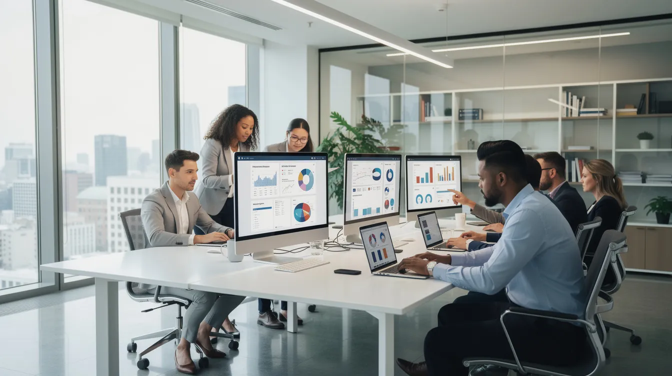 Ett affärsteam samarbetar i ett modernt kontor, omgivna av laptops och skärmar. De använder Microsoft 365 och Dynamics 365 för att effektivt hantera kundservice och försäljning, vilket hjälper företaget att få insikter och bygga starkare relationer med sina kunder.