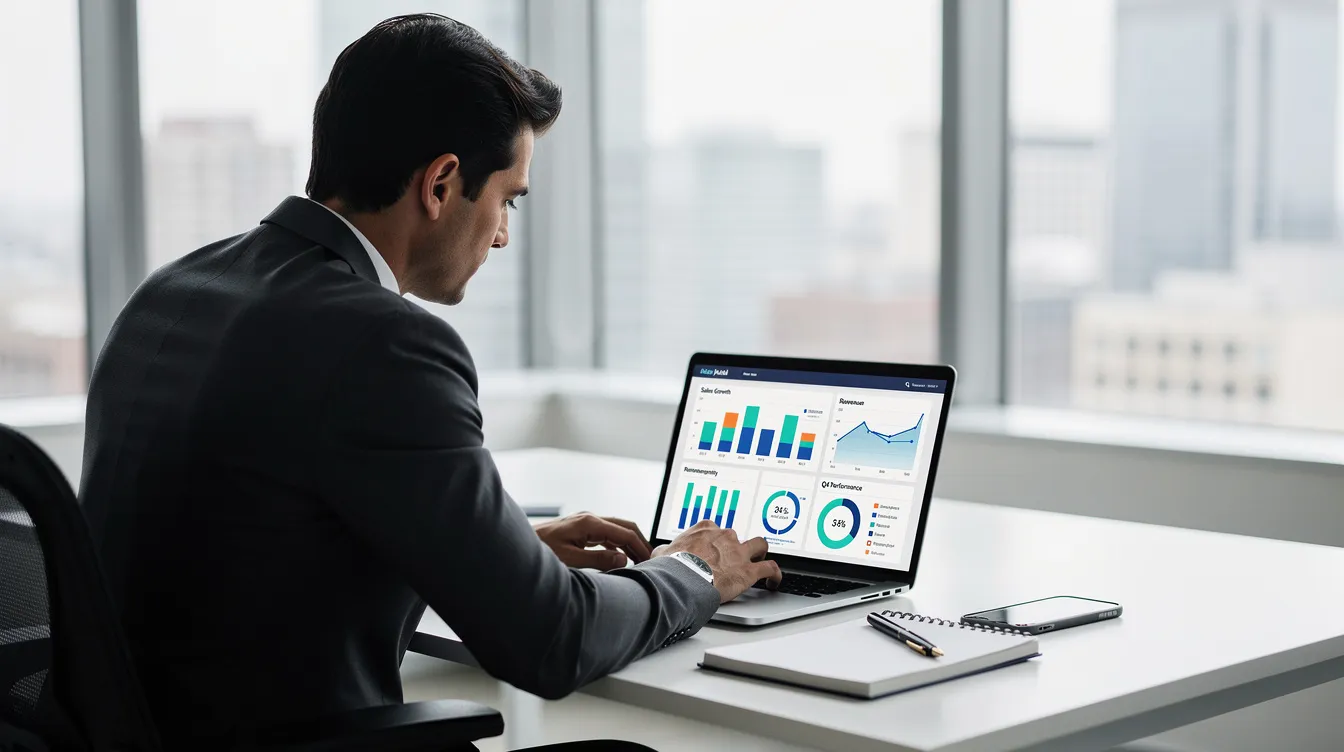 En professionell person sitter vid en laptop och granskar affärsanalysdata, vilket visar insikter om kundservice och försäljning. Skärmen visar information från Microsoft Dynamics 365, vilket hjälper företaget att hantera sina affärsmöjligheter och resurser effektivt.