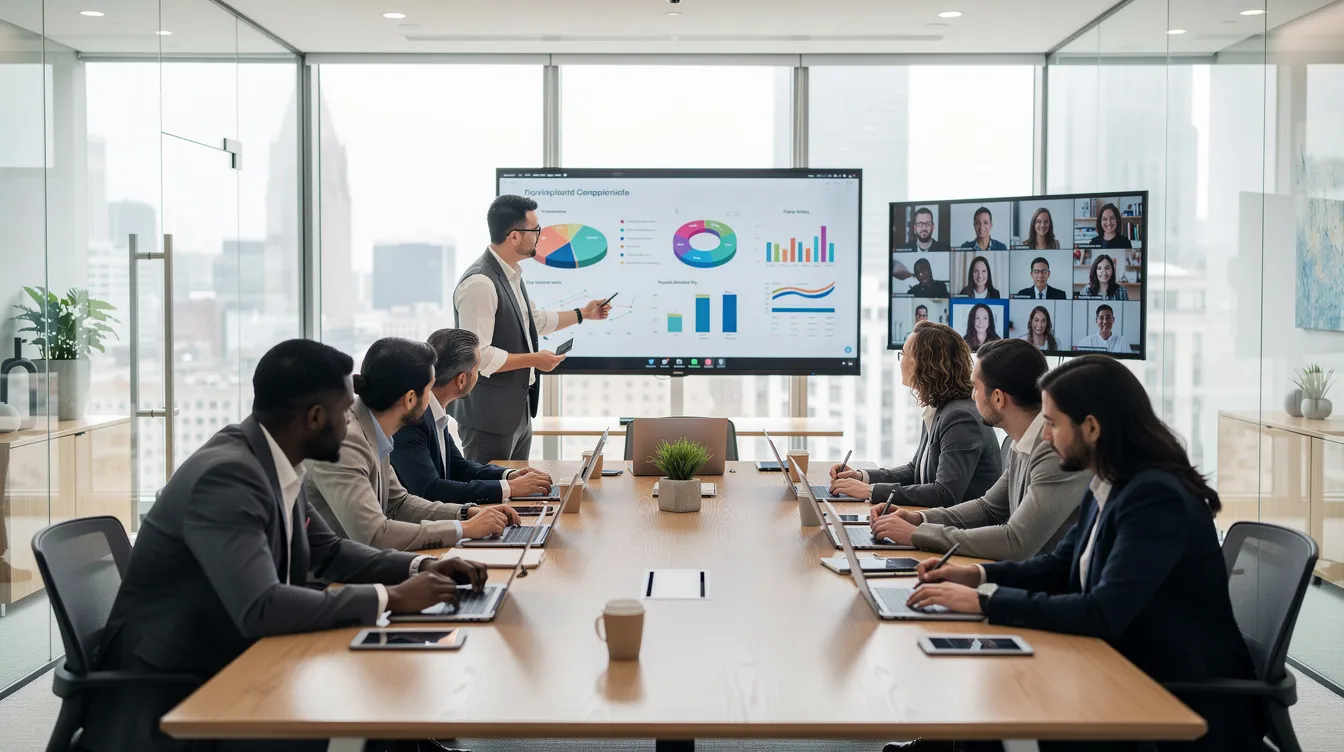 Ett team samarbetar i ett modernt mötesrum, omgiven av laptops och digitala skärmar, där de diskuterar lösningar för att förbättra verksamheten med hjälp av Microsoft 365 och Dynamics 365 Business Central. Atmosfären präglas av kreativitet och samarbete, där medlemmarna arbetar tillsammans för att utforska nya idéer och insikter.