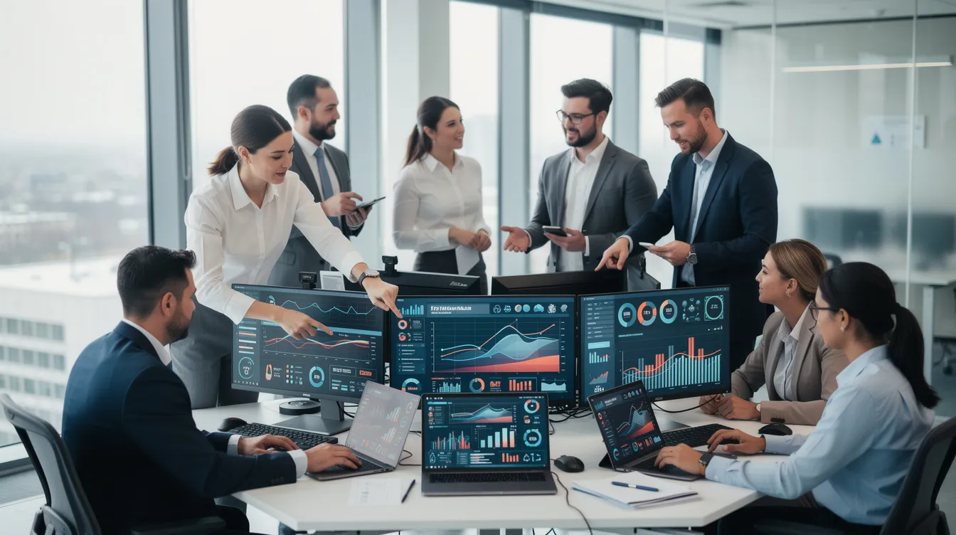 En modern kontorsmiljö där flera yrkesverksamma granskar affärsdata på flera skärmar, med fokus på att använda Microsofts lösningar som Dynamics 365 Business Central för att hantera och förbättra verksamheten. Kontoret är utrustat med avancerad teknologi för att stödja samarbete och insikter i affärsprocesser.