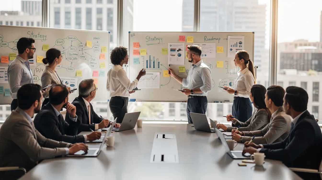 I en workshopmiljö arbetar affärskonsulter tillsammans vid bord med laptops och whiteboards, där de diskuterar lösningar relaterade till Microsofts Dynamics 365 Business Central och hur dessa kan förbättra företagsverksamhet. Atmosfären präglas av samarbete och insikter, där experter delar med sig av sin kunskap för att hjälpa kunder att hantera sina system och data effektivt.