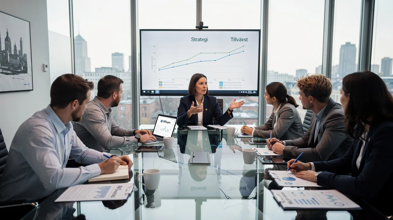 En grupp affärspersoner sitter i ett möte där de diskuterar strategier för att förbättra företagets affärssystem och lösningar, inklusive Microsoft Dynamics 365 Business Central. De verkar fokuserade och engagerade i att analysera data och planera för framtida integrationer och funktioner.