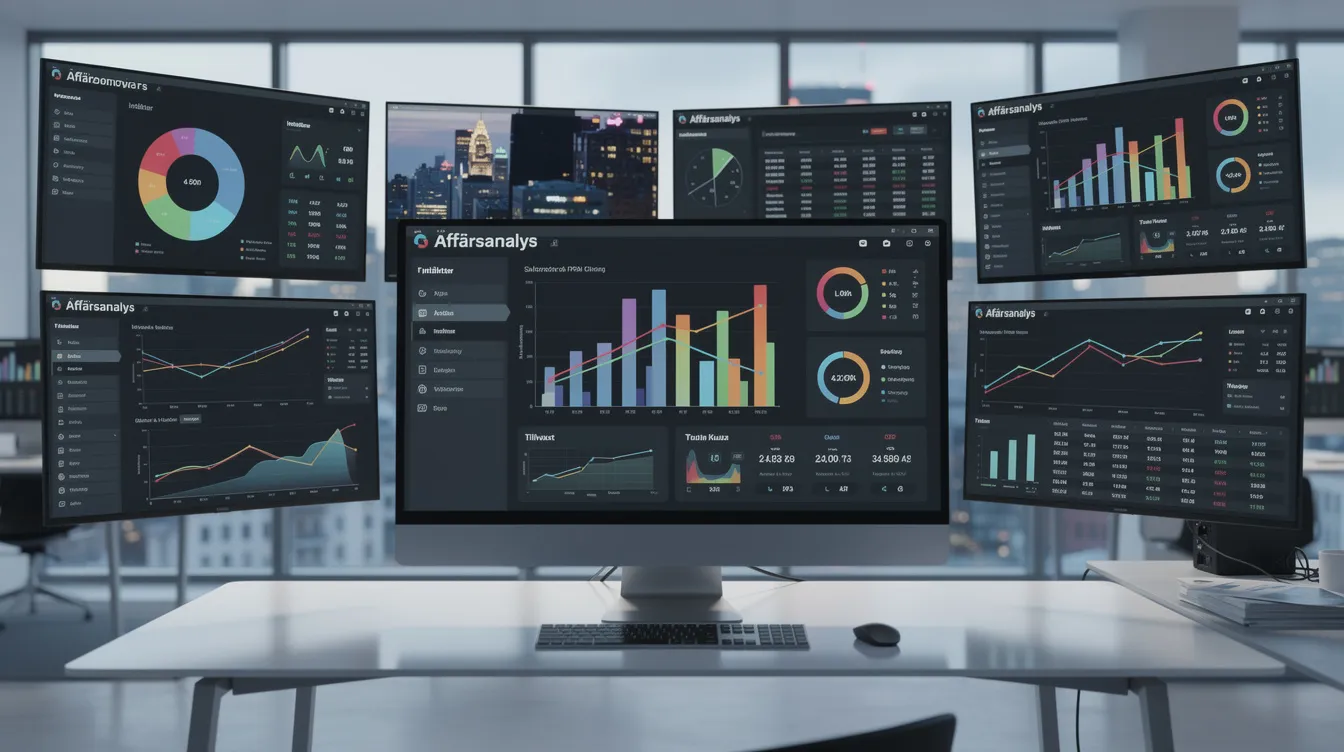 Bildtext: En affärsanalysdashboard visar en rad grafer och data som representerar olika aspekter av företagets verksamhet. Denna information kan vara kopplad till Microsoft Dynamics 365 Business Central och används för att ge insikter och stödja beslut inom affärssystemet.