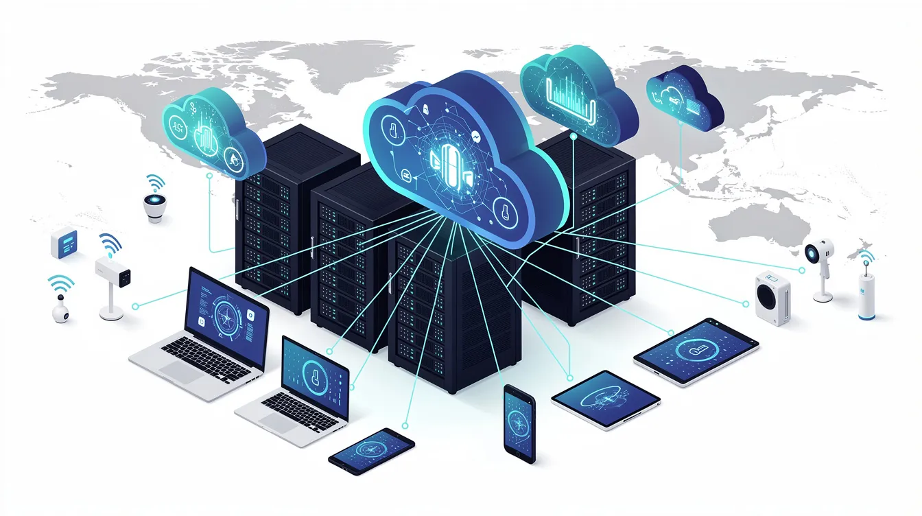 Bildbeskrivning: En illustration av molnbaserade system och uppkopplade enheter som representerar modern IT-infrastruktur, med fokus på affärssystem som Microsoft Dynamics 365 och ERP-lösningar. Bilden visar hur företag kan integrera olika program och tjänster för att effektivisera sin verksamhet.