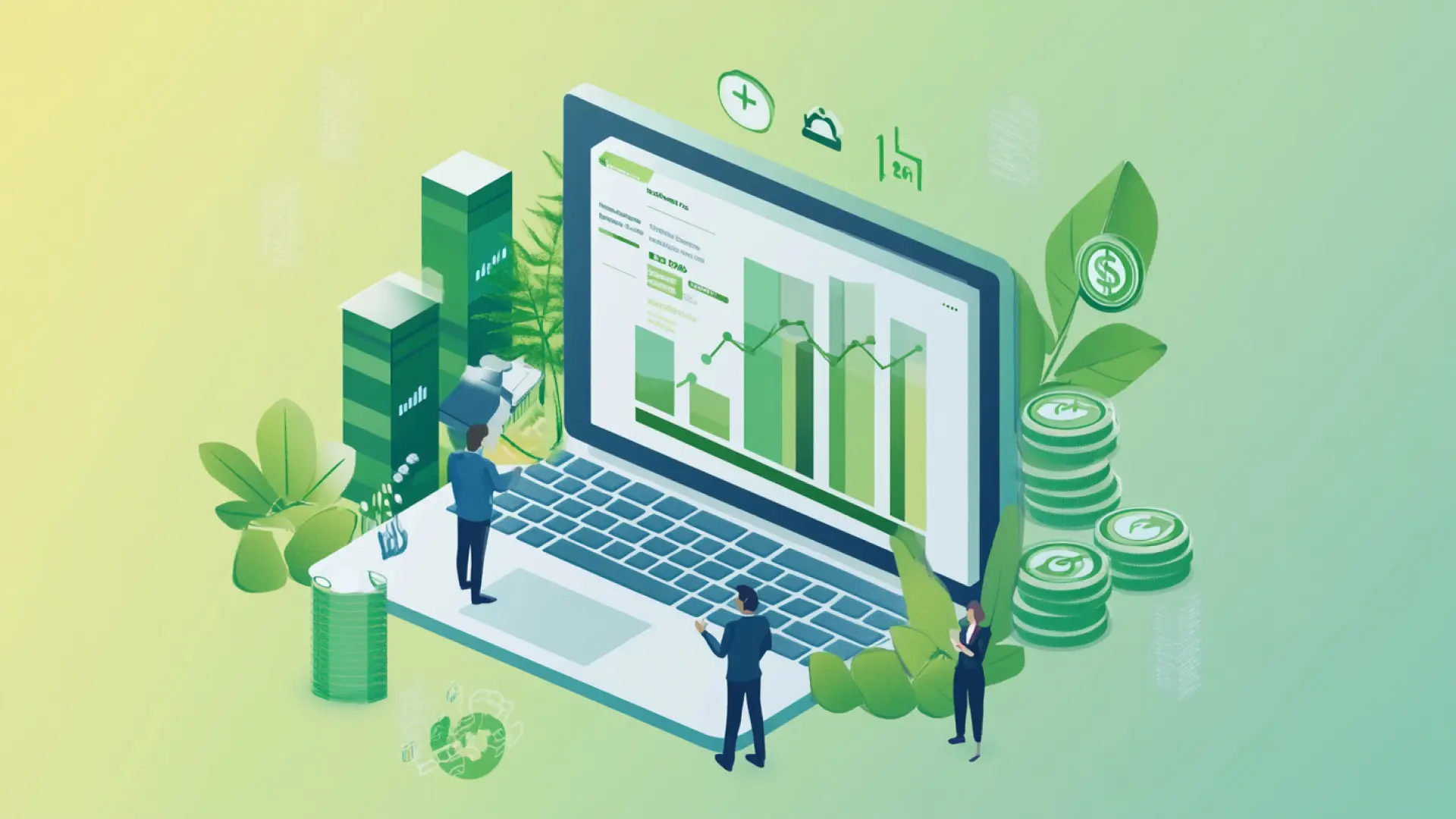 Illustration av grön ekonomi med Business Central – visualisering av utsläppsdata, ekonomiska stapeldiagram och hållbarhetssymboler.