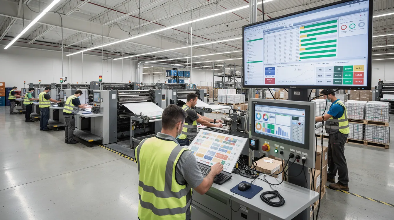 The image depicts a bustling production floor in the print industry, where workers are actively operating printing equipment and monitoring digital displays to ensure efficient production management and job tracking. This dynamic environment highlights the core functions of a print shop, showcasing the integration of technology and real-time data for improved operational efficiency.