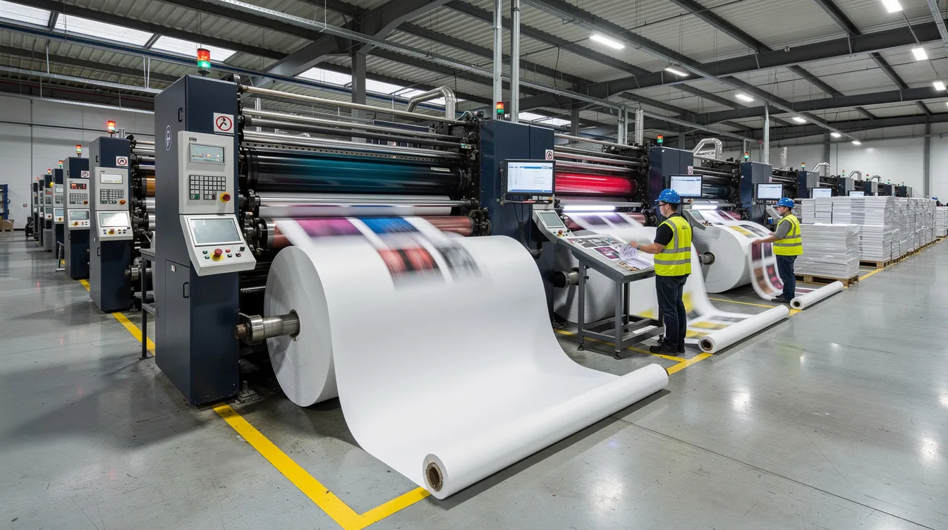 The image depicts a bustling industrial printing facility filled with large commercial printing presses and numerous rolls of paper, showcasing the core functions of the print industry. Press operators are engaged in production management, utilizing advanced technology to enhance operational efficiency and streamline workflows on the production floor.