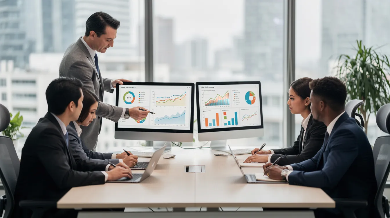 A professional team is gathered in a modern office, intently reviewing business analytics displayed on multiple computer screens. The focus is on improving operational efficiency and reducing manual data entry errors within their print business processes.